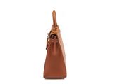 a brown leather handbag on a white background