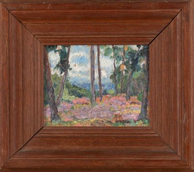 un tableau représentant un paysage avec des arbres et des fleurs, dans un cadre en bois