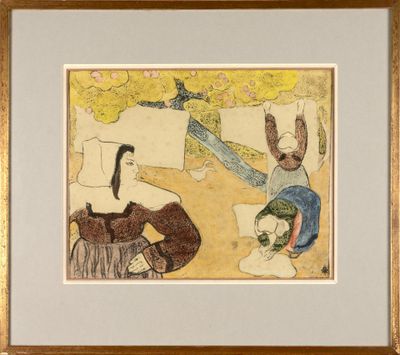 une image représentant un tableau où l'on voit deux femmes assises sur un banc