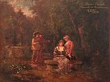 painting of a man and a woman sitting on a bench in a wooded area