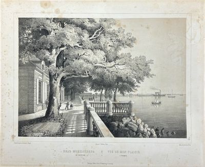 an old black and white drawing of a view of a lake and a house