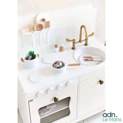 une petite cuisine blanche avec un évier et une plante en pot