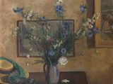 a painting of flowers in a vase on a table