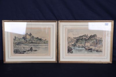 pair of two framed watercolor paintings of a castle and a river