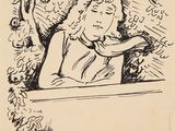 a drawing of a woman sitting at a table with her hand on the table