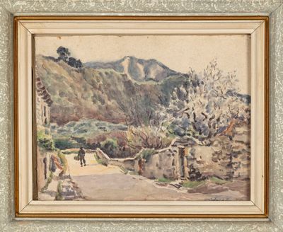 une image représentant un tableau représentant un paysage de montagne avec une personne marchant sur un sentier
