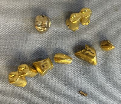 quatre pièces d'or sont disposées sur un tissu bleu