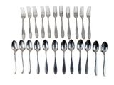 a lot of silver spoons and forks on a white background