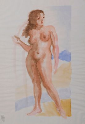 an image of a painting of a nude woman standing on a beach