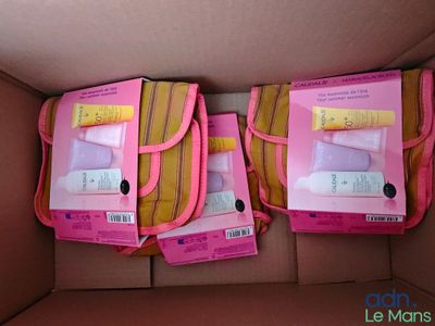two pink bags are sitting in a cardboard box on a table