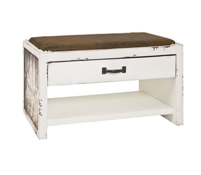 Banc vintage 1 tiroir blanc vieilli motif bois -72x40x43 cm-…