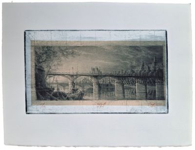 dessin représentant un pont enjambant un plan d'eau, avec une tour horloge au loin