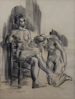 drawing of a couple of nudes sitting on a chair in front of a window