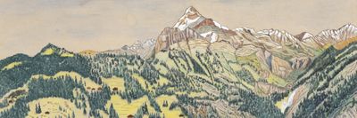 a painting of a man riding a horse in the mountains