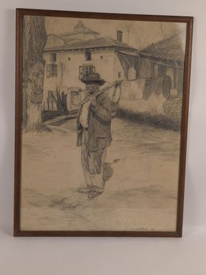 drawing of a man walking down a street with a hat on his head