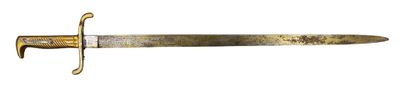 a gold colored sword with a long blade on a white background