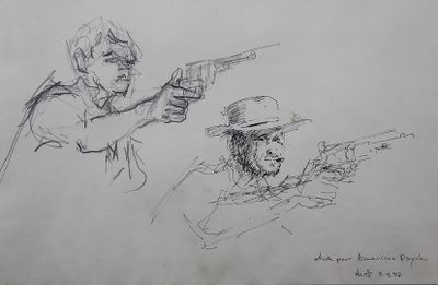 drawing of two men with guns on a piece of paper