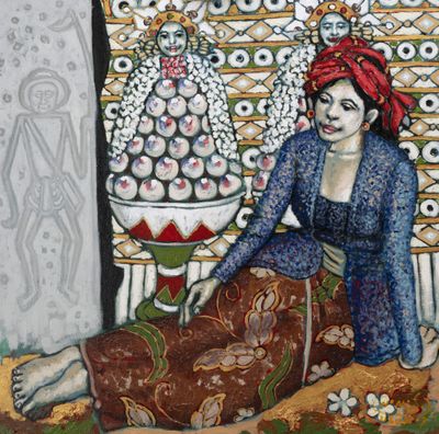 a painting of a woman sitting on a chair