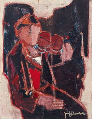 une image d'un tableau représentant une femme en robe rouge