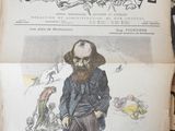 an old newspaper with a drawing of a man in a suit and hat