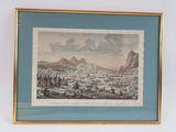 an old print of a view of a town with a mountain in the background