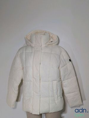 the jacket is white and has a hood that is attached to it