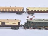 plusieurs petits trains sont alignés sur une surface blanche