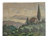 un tableau représentant un paysage avec des arbres et des bâtiments au loin