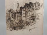 an old drawing of a building with a steeple on top of it