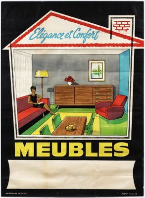 une image représentant une affiche pour un magasin de meubles, sur laquelle on voit une femme assise sur un canapé