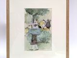 framed watercolor painting of a woman with a parasol in a garden