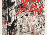 un dessin en noir et blanc représentant un jeune garçon debout devant un mur recouvert de graffitis