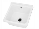the sink is white and has a drain for the faucet