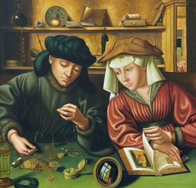 tableau représentant un homme et une femme assis à une table avec un livre