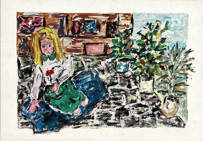 a painting of a woman sitting on a couch