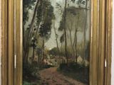 une peinture à l'huile représentant une route de campagne avec une maison au loin