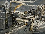 un tableau représentant deux personnes marchant dans la rue