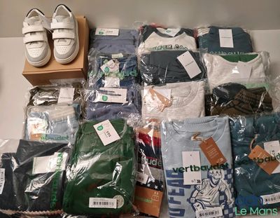beaucoup de vêtements et de chaussures posés sur une étagère