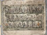 an old book with a picture of people and animals on it