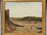 une image représentant un tableau représentant une scène de plage avec un château en arrière-plan