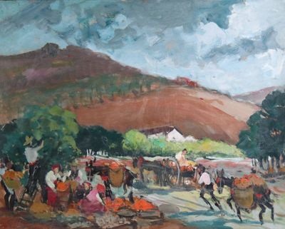un tableau représentant un groupe de personnes à cheval sur une route
