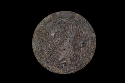 Rare Applique EN Bronze Byzantin Avec UN Ange Tenant UN Masq…