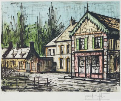 dessin représentant une scène de rue avec des bâtiments et une clôture au premier plan