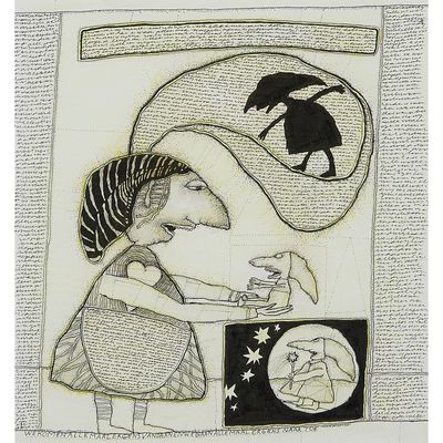 un dessin représentant une femme tenant un chat dans la main