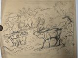 drawing of a herd of deer in a wooded area with a man on a horse