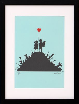 a framed picture of a boy and girl with a heart balloon on top of a hill