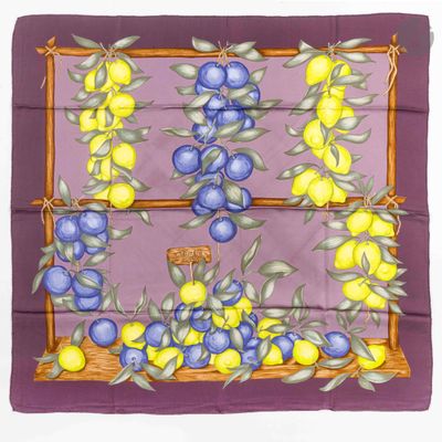 a picture of a square scarf with a picture of lemons on it