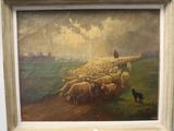 un tableau représentant un troupeau de moutons avec un chien au premier plan