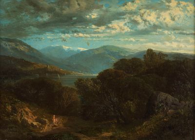 une image représentant un tableau représentant un paysage de montagne avec un lac au loin