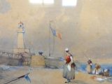 un tableau représentant une femme debout sur une plage, à côté d'un bateau